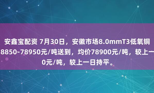 安鑫宝配资 7月30日，安徽市场8.0mmT3低氧铜杆报价78850-78950元/吨送到，均价78900元/吨，较上一日持平。