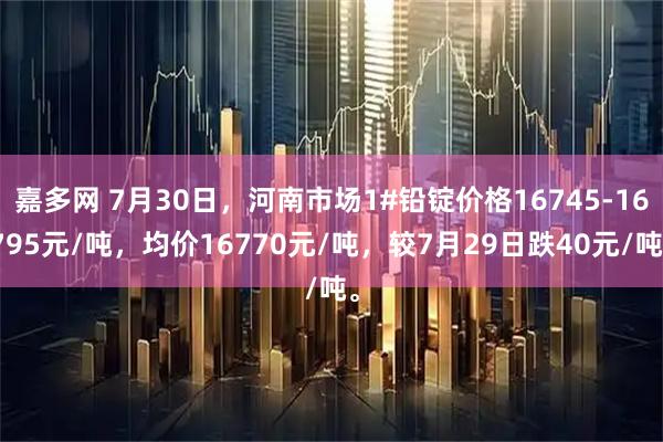 嘉多网 7月30日，河南市场1#铅锭价格16745-16795元/吨，均价16770元/吨，较7月29日跌40元/吨。